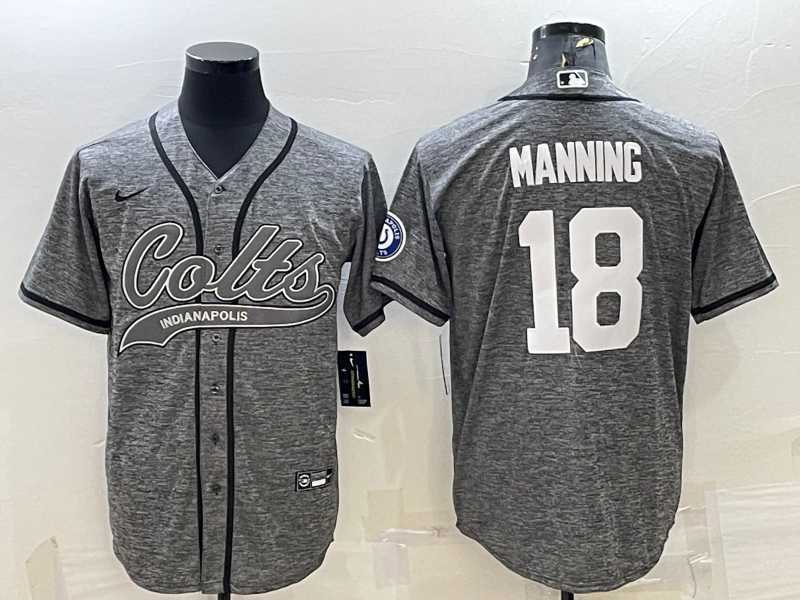 Men%27s Indianapolis Colts #18 Peyton Manning Grey Gridiron With Patch Cool Base Stitched Baseball Jersey->indianapolis colts->NFL Jersey